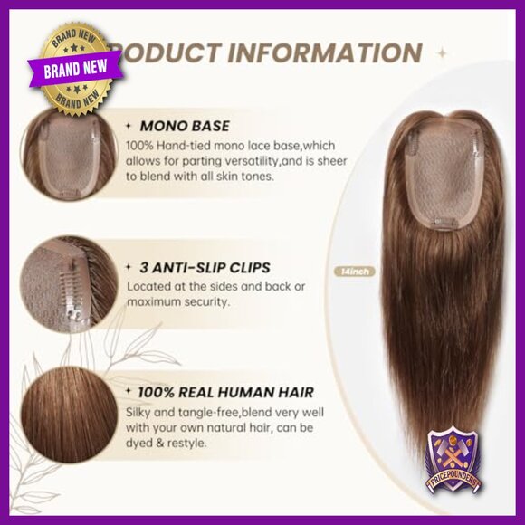 Hand-Tied Mono Topper for Thinning Hair, 100% Human Hair, Glueless Lightweight
